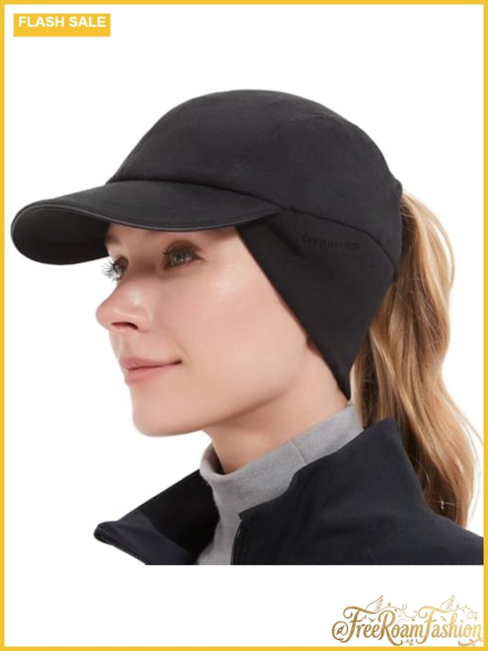 Reflective Fleece Ponytail Hat Drop Down Ear Warmer Winter Running Beanie